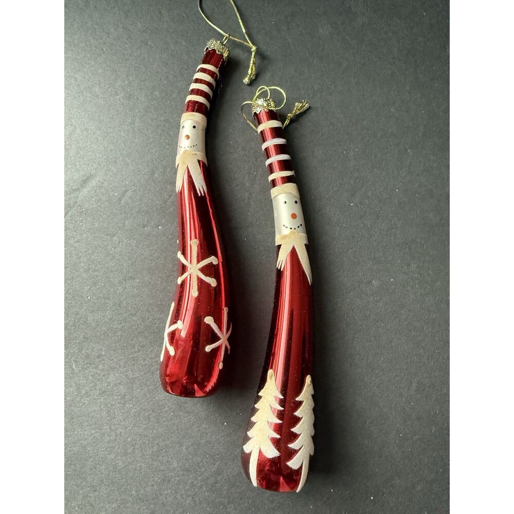 Vtg Hand Blown Glass Snowman Santa Icicle Ornament Red Set (2) Whimsy Holiday